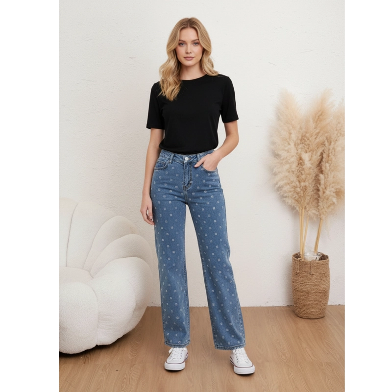 PANTALON JEANS MUJER WIDE LEG TIRO ALTO ELASTICADO CON BRILLOS 3034 - 1