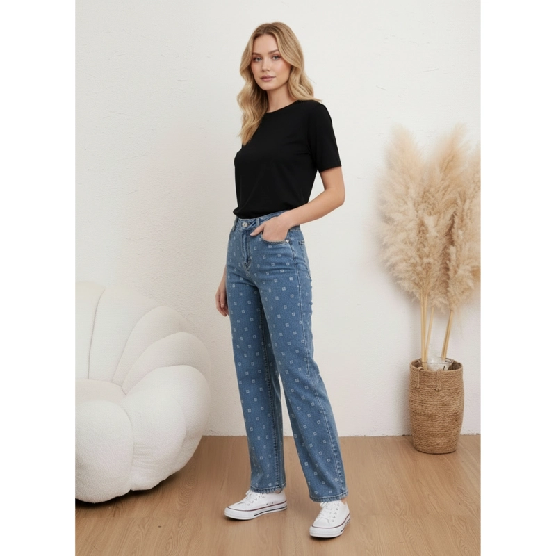 PANTALON JEANS MUJER WIDE LEG TIRO ALTO ELASTICADO CON BRILLOS 3034 - 2