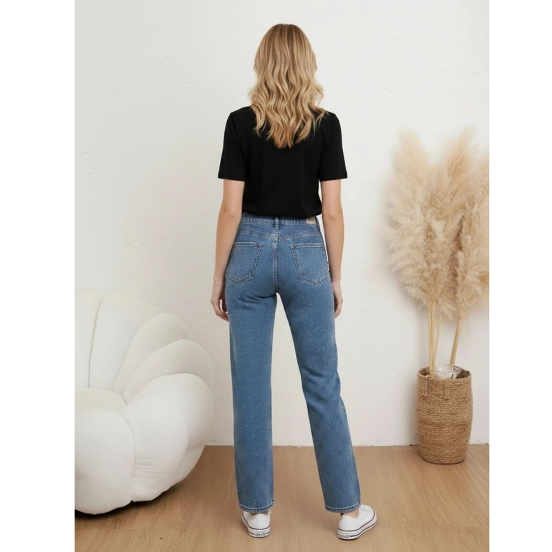 PANTALON JEANS MUJER WIDE LEG TIRO ALTO ELASTICADO CON BRILLOS 3034 - 3