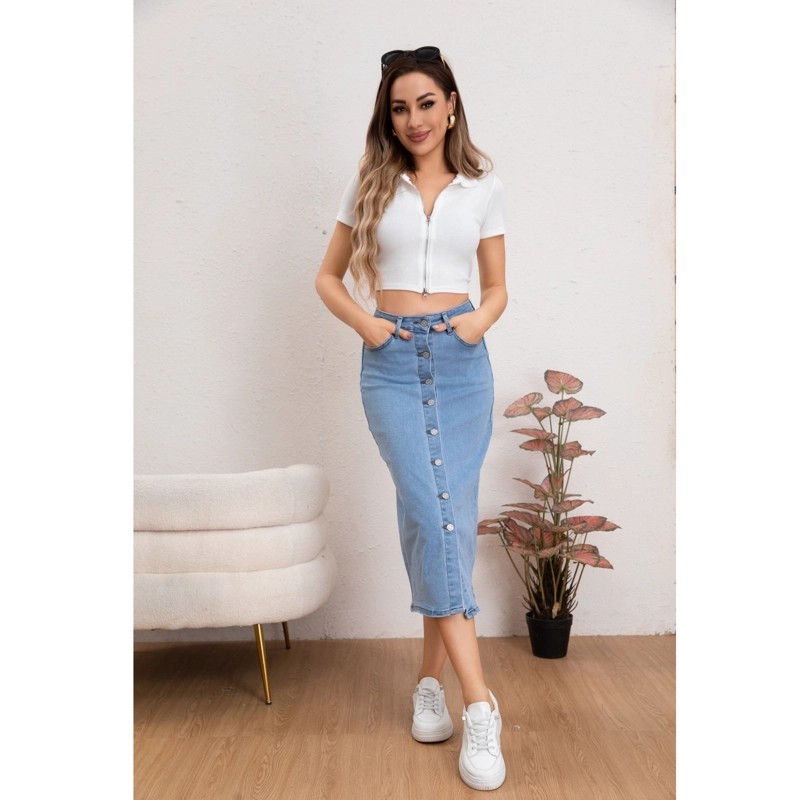 FALDA TUBO LARGA MUJER TIRO ALTO JEANS ELASTICADA BOTONES 6008 - 1