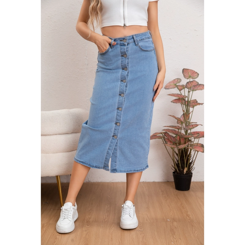 FALDA TUBO LARGA MUJER TIRO ALTO JEANS ELASTICADA BOTONES 6008 - 2