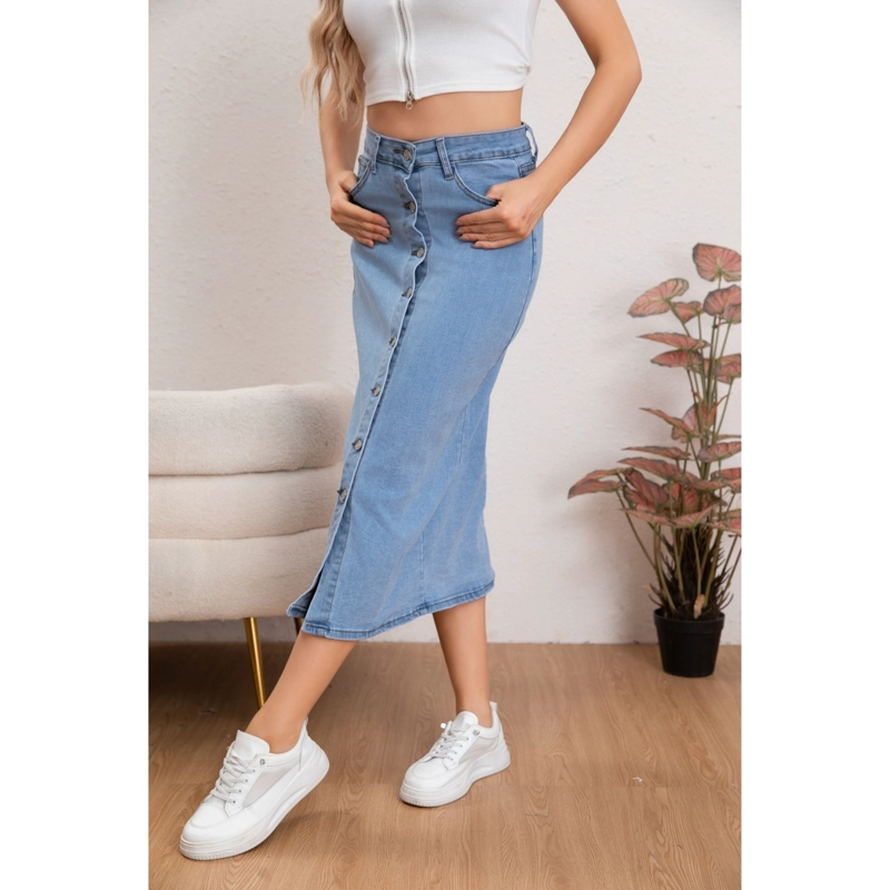 FALDA TUBO LARGA MUJER TIRO ALTO JEANS ELASTICADA BOTONES 6008 - 3