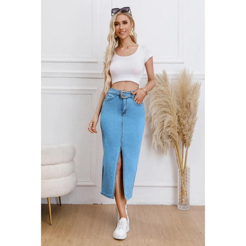 FALDA LARGA MUJER TIRO ALTO JEANS ELASTICADA ABERTURA FRONTAL CON CINTURON 1003 - 1