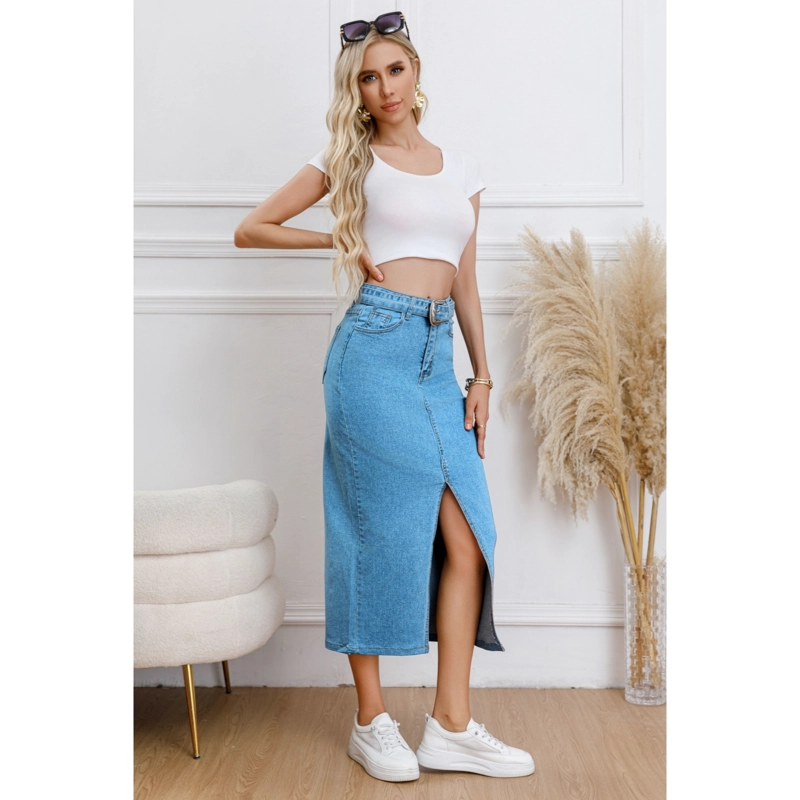 FALDA LARGA MUJER TIRO ALTO JEANS ELASTICADA ABERTURA FRONTAL CON CINTURON 1003 - 2