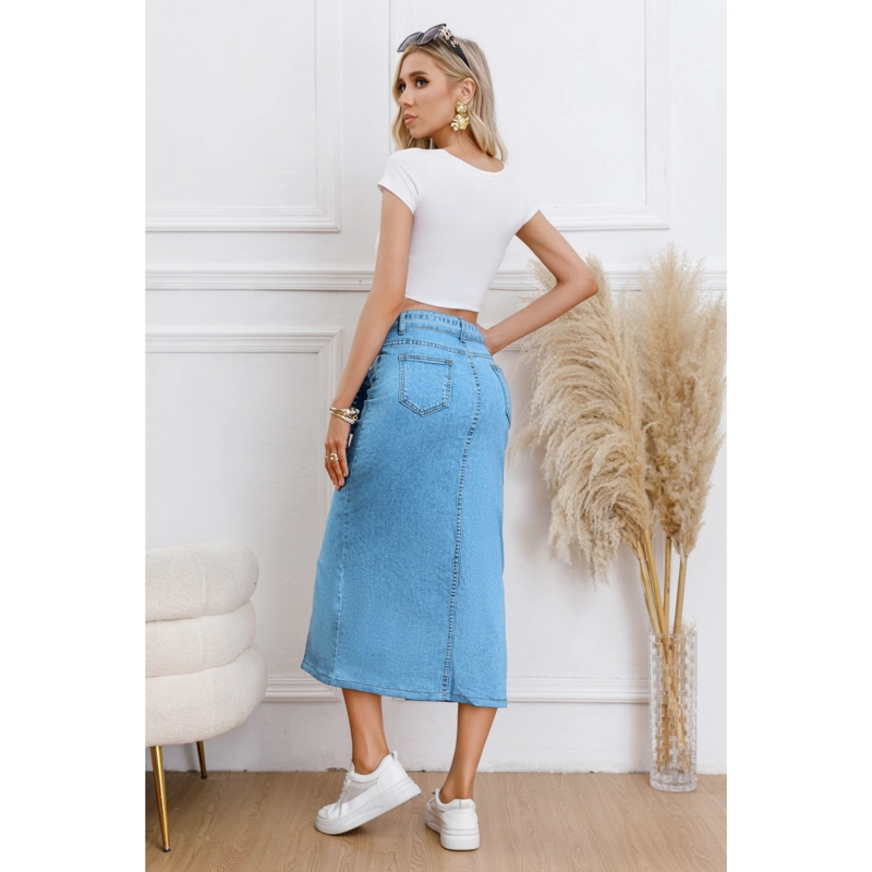 FALDA LARGA MUJER TIRO ALTO JEANS ELASTICADA ABERTURA FRONTAL CON CINTURON 1003 - 3