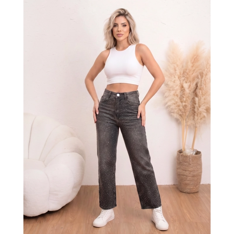 PANTALON JEANS MUJER WIDE LEG TIRO ALTO ELASTICADO BRILLOS TENDENCIA MODA 3035 - 1