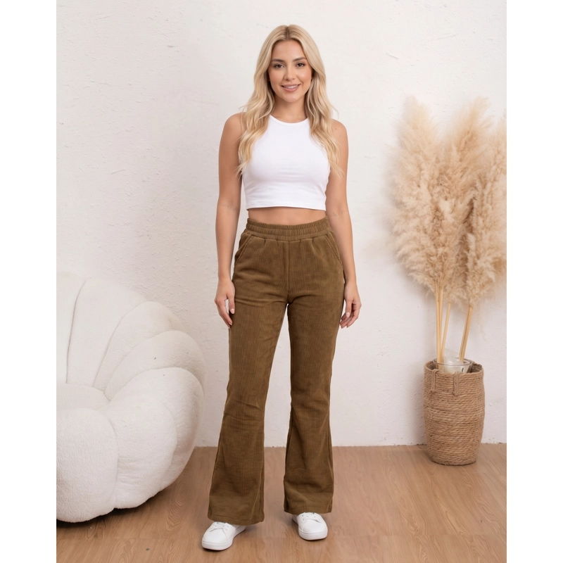 PANTALON CALZA FLARE ACANALADO MUJER FORRO PIEL BOLSILLOS TIRO ALTO 8962 - 1