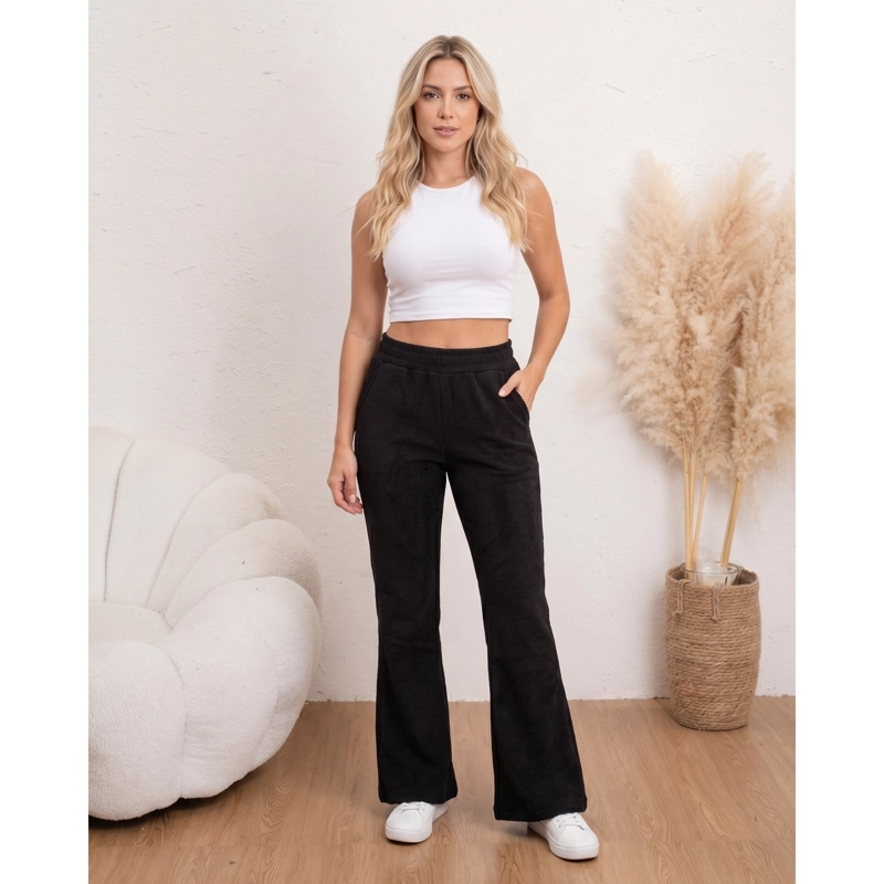 PANTALON CALZA FLARE ACANALADO MUJER FORRO PIEL BOLSILLOS TIRO ALTO 8962 - 1