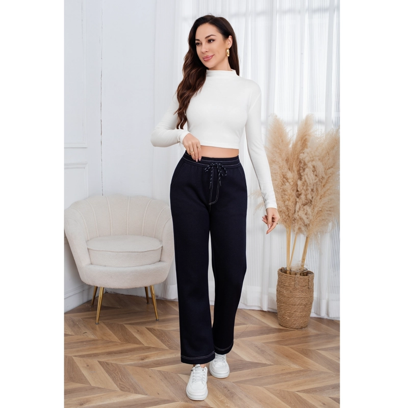 PANTALON MUJER ANCHO TIPO JEANS INVIERNO FORRO PIEL MEZCLILLA 7002 - 2