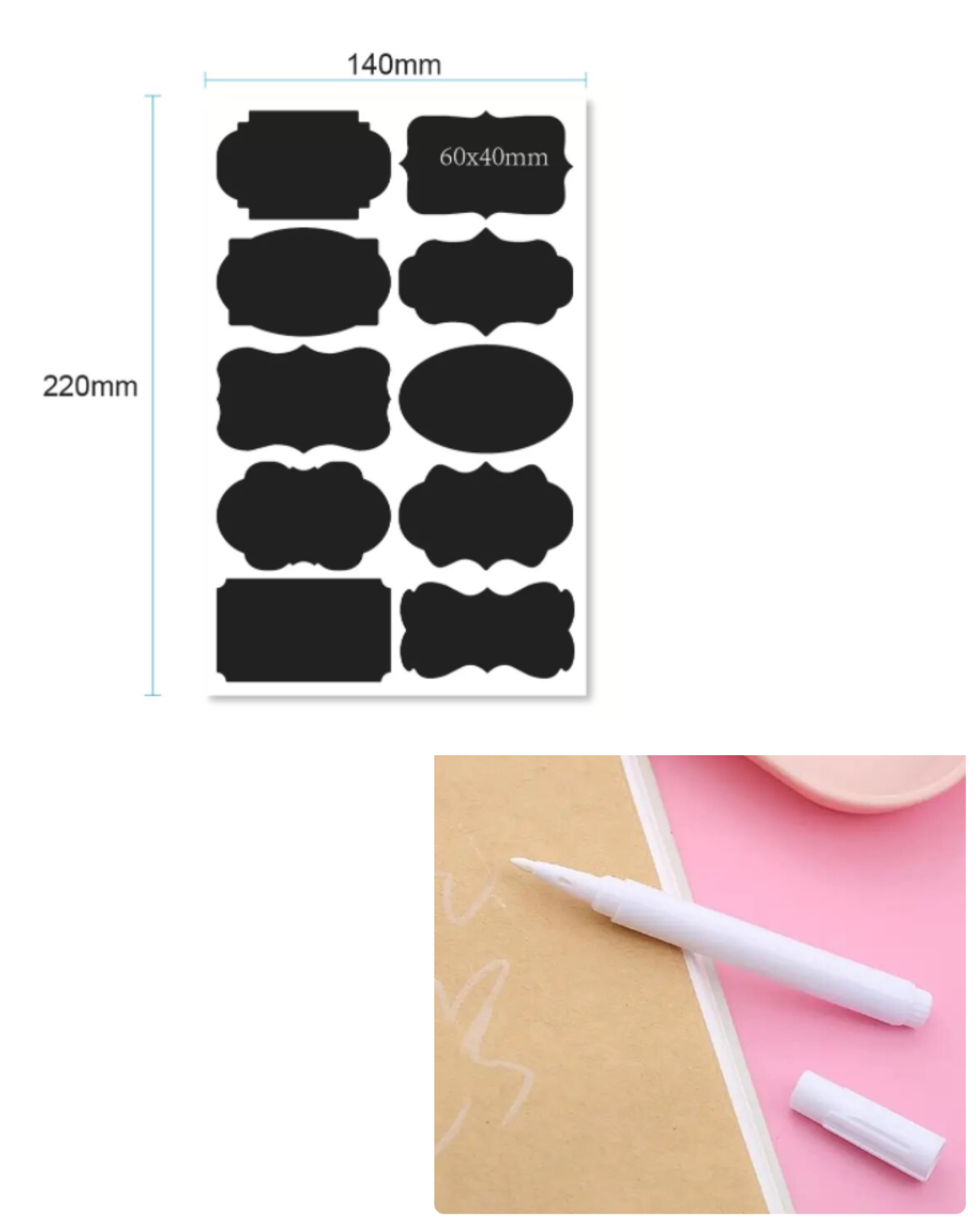 PACK X100 ETIQUETAS PIZARRA ADHESIVAS 6 * 4 CMS + LÁPIZ TIZA +REGALO - 1