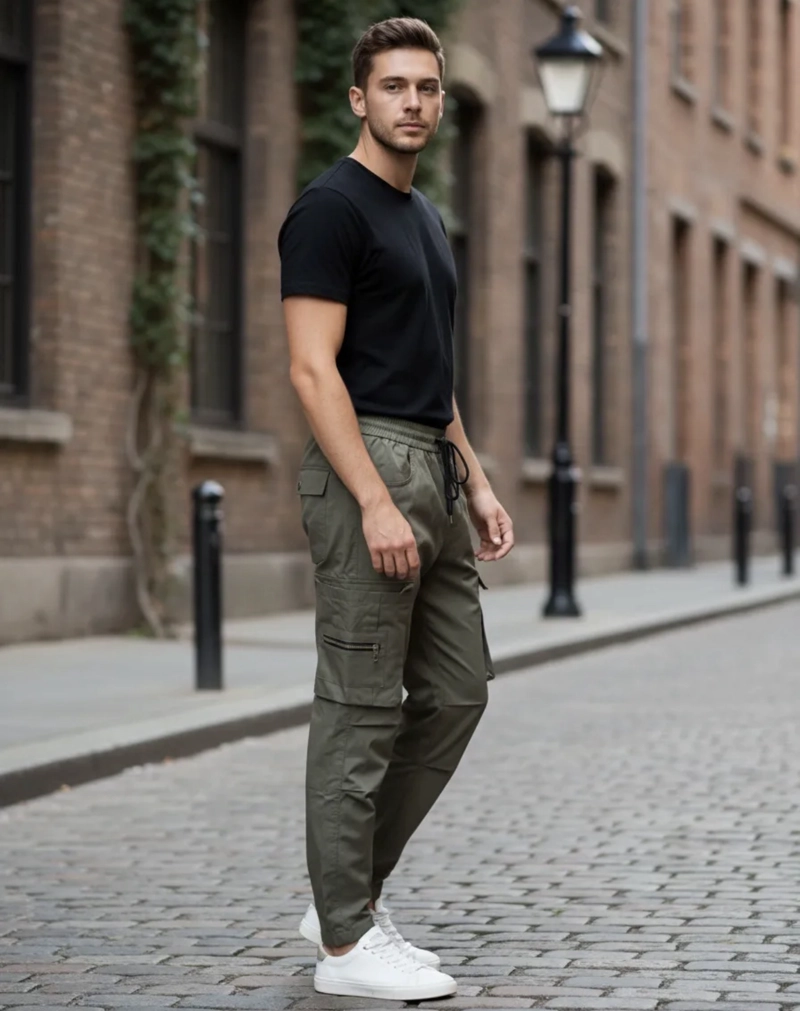 PANTALON CARGO JOGGER HOMBRE VERDE MILITAR BOLSILLOS (USADO) - 1