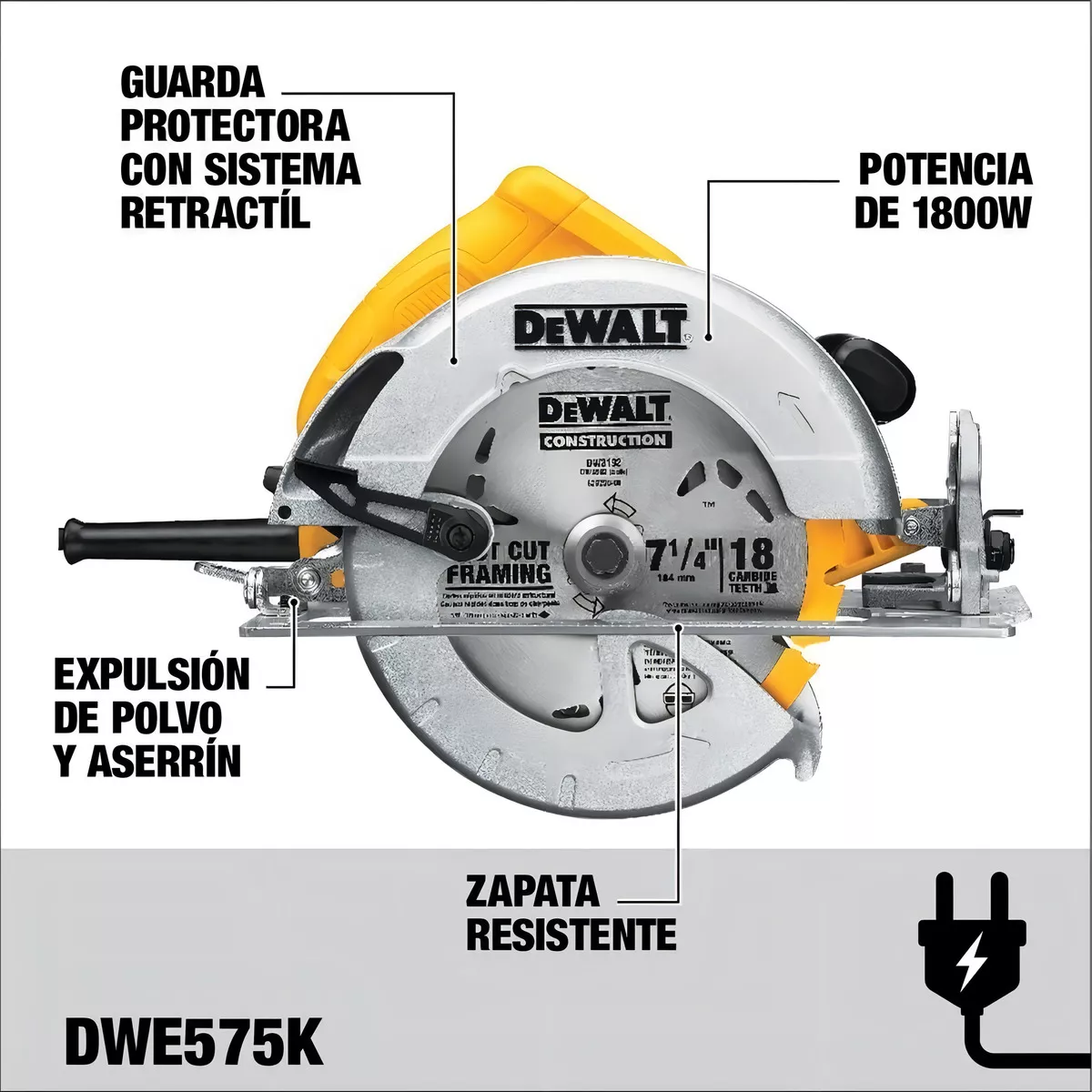 SIERRA CIRCULAR ELÉCTRICA DEWALT DWE575K 7 1/4 190MM 1800W 220V AMARILLA - 3