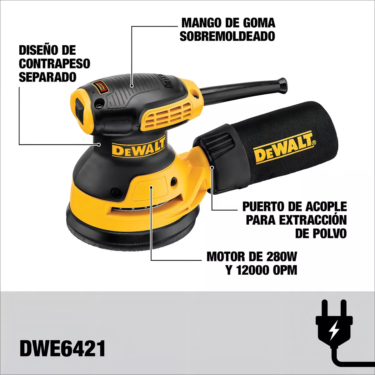 LIJADORA PROFESIONAL ROTO ORBITAL DEWALT LIXADEIRA ROTO ORBITAL DWE6421 CON SISTEMA VELCRO AMARILLA - 2