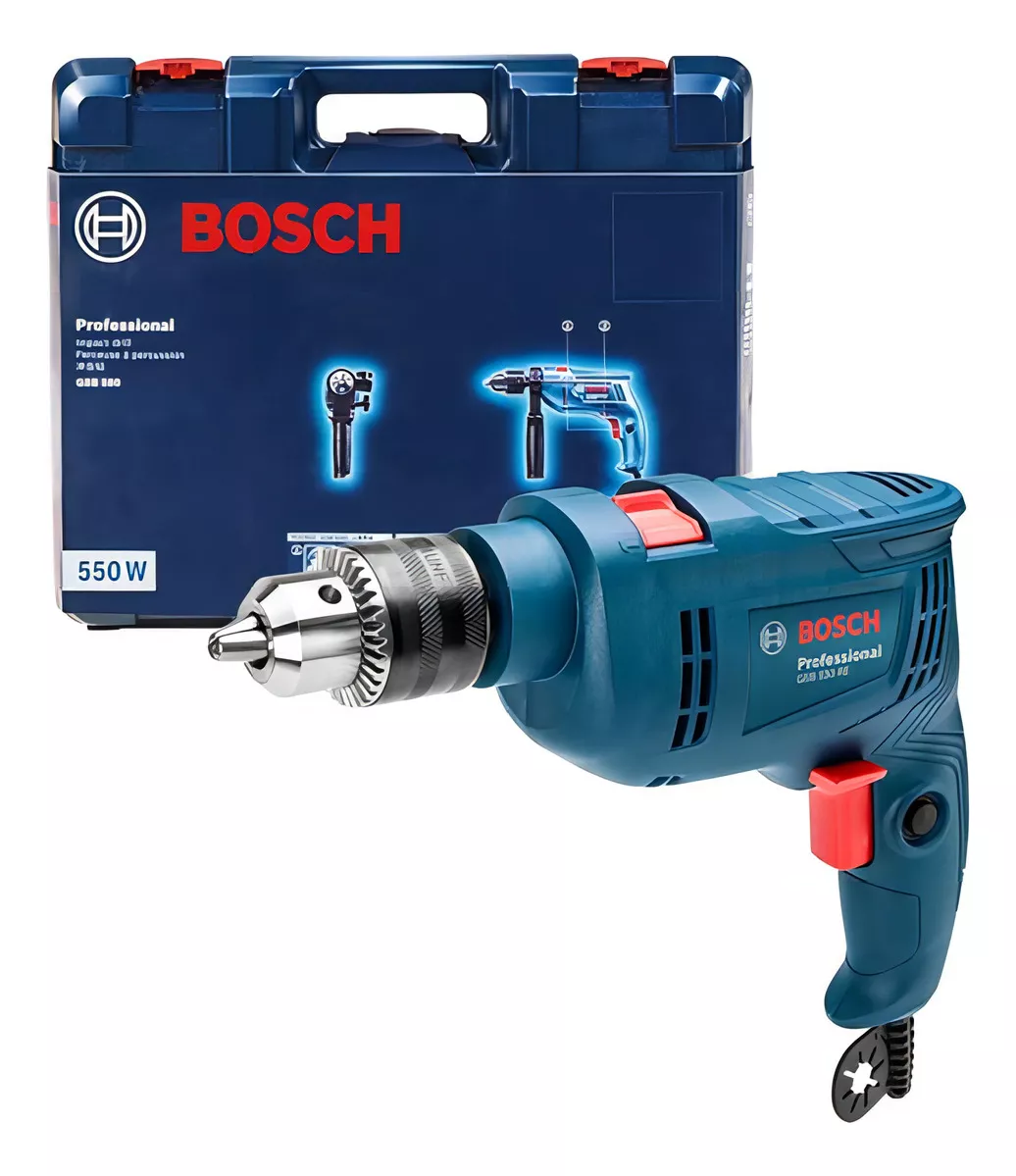 TALADRO PERCUTOR ATORNILLADOR ELÉCTRICO DE 13MM BOSCH GSB 550 550W + ACCESORIO CON MALETÍN DE TRANSP - 1