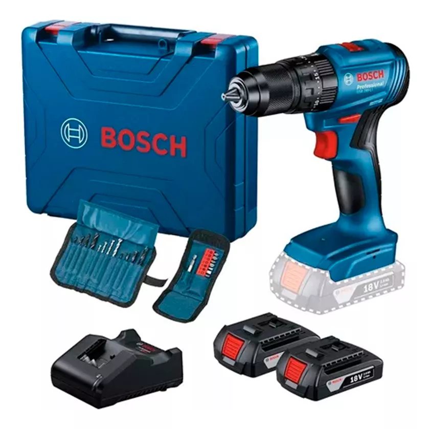 TALADRO PERCUTOR BOSCH 18V GSB 185-LI 0 601 9K3 1E7 CON 2 BATERÍAS MÁS ACCESORIOS COLOR AZUL - 1