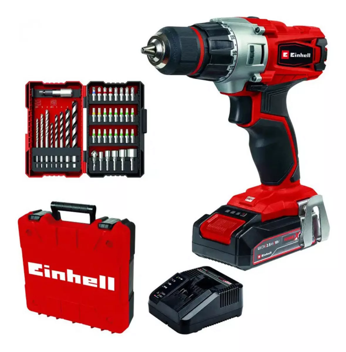 KIT EINHELL TALADRO TE-CD 18/2 LI 18V+39 ACC+1 BAT 2.5 AH+ C COLOR ROJO - 1