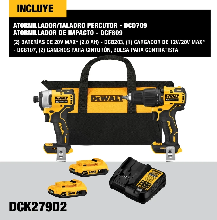 Taladro Dcd709 + Llave De Impacto 1/4 Dcf809 Dewalt Dck279d2 - 1