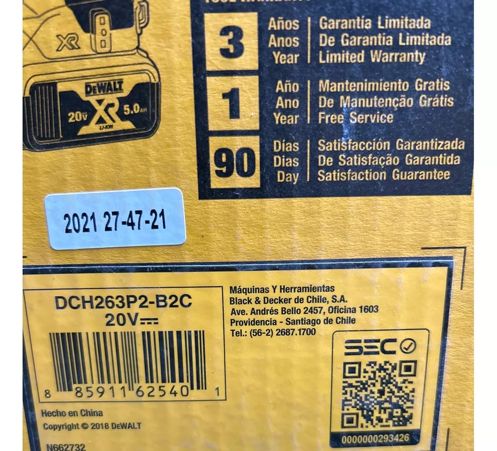 ROTOMARTILLO ELECTRONEUMÁTICO DEWALT DCH263P2 INALÁMBRICO AMARILLO Y NEGRO 110V - 3