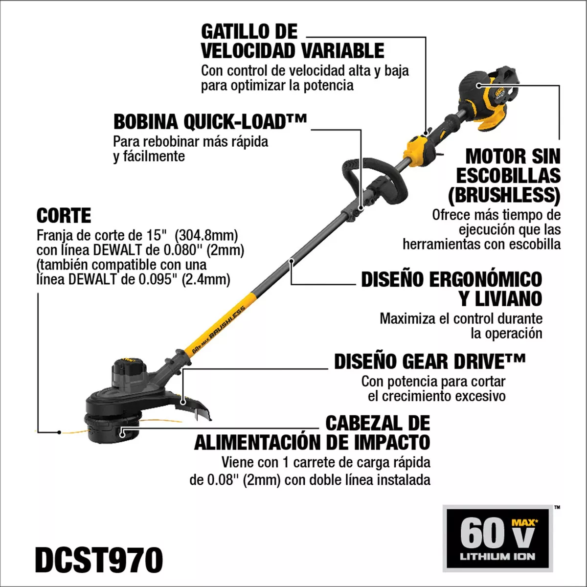 ORILLADORA DEWALT 60V SIN CARBONES Y SIN BATERÍA DCST970B AMARILLO - 2