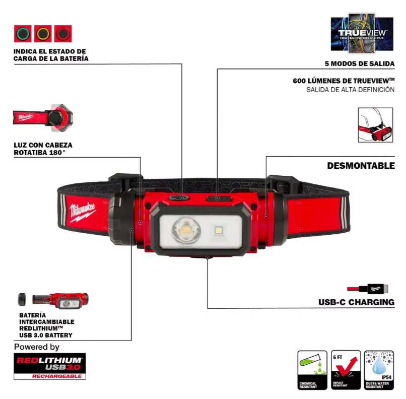 LÁMPARA PARA CASCO RECARGABLE USB MILWAUKEE 2163-21 600 LM COLOR DE LA LUZ BLANCO - 5