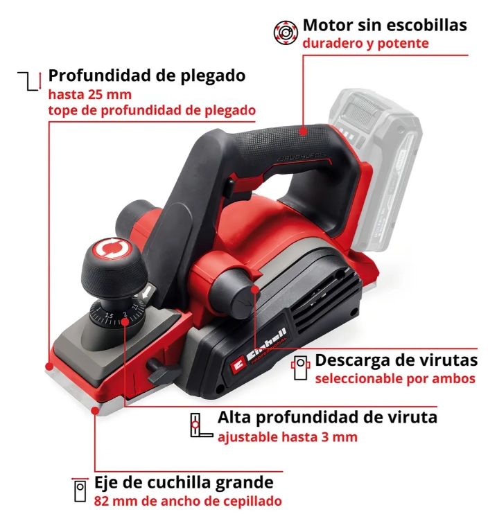 CEPILLO INALAMBRICO 18 V 82 MM EINHELL TP-PL 18/3 LI BL SOLO COLOR ROJO - 4