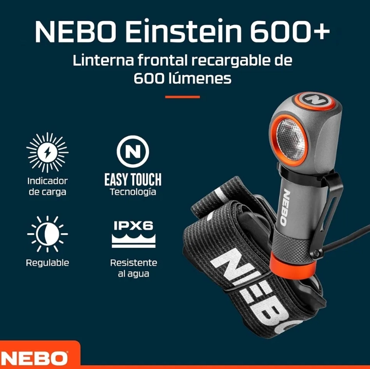 LINTERNA FRONTAL RECARGABLE NEBO EINSTEIN 600+ LUMENES BLANCO GRIS - 4