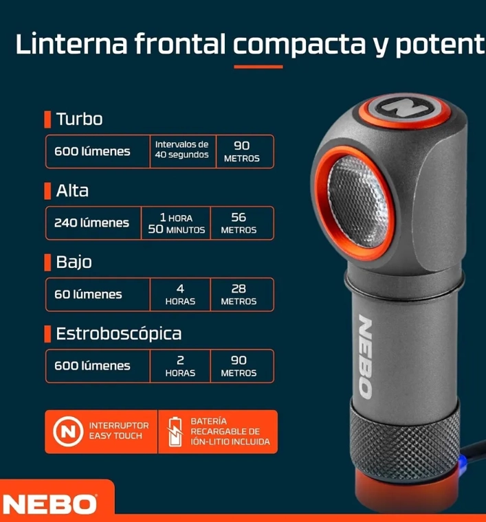 LINTERNA FRONTAL RECARGABLE NEBO EINSTEIN 600+ LUMENES BLANCO GRIS - 5