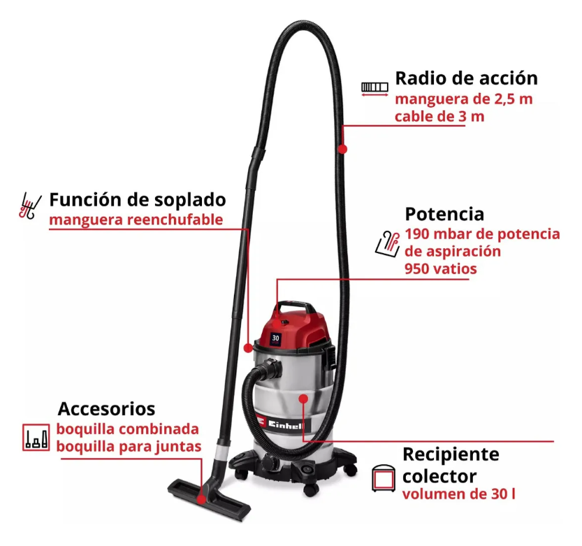 ASPIRADORA ELE CTRICA SECO-HUMEDO TC-VC 3055 S EINHELL ROJO - 3