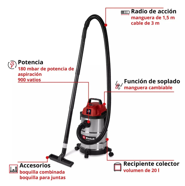 ASPIRADORA ELE CTRICA SECO-HUMEDO TC-VC 2045 S EINHELL ROJO - 3