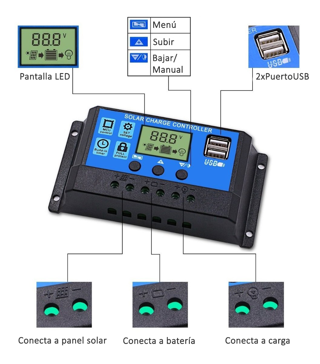 REGULADOR CARGA SOLAR PANEL DIGITAL SOLIOT 12V 24V 30A - 4