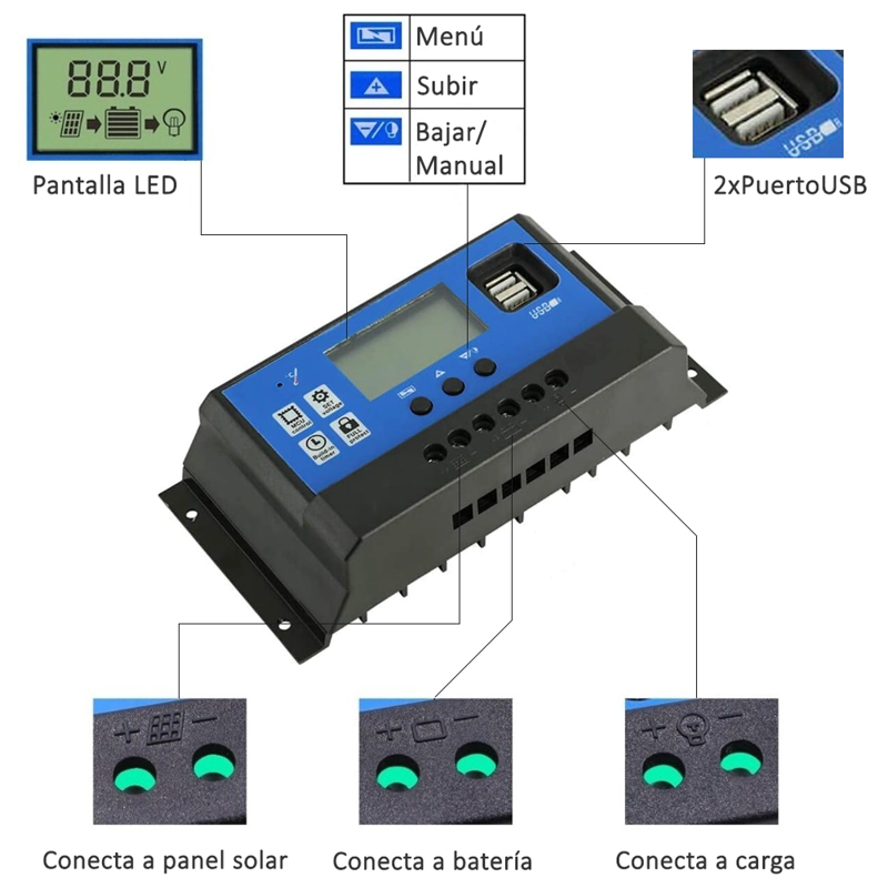 REGULADOR CARGA SOLAR DIGITAL SOLIOT 12V 24V 10A 2USB - 4