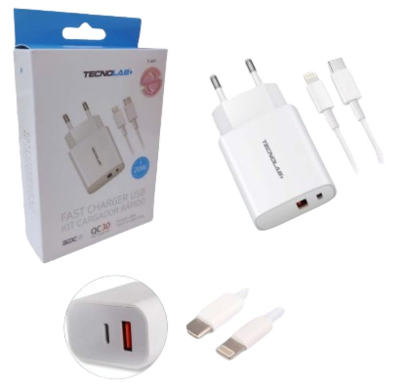 OEM CARGADOR RAPIDO USB-C A LIGHTNING 20W TECNOLAB