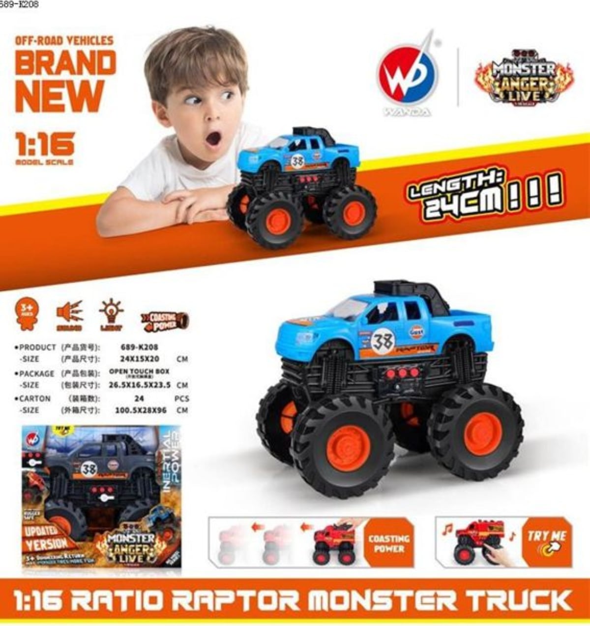 JUGUETE AUTO FRICCIÓN MONSTER ANGER CELESTE - 1