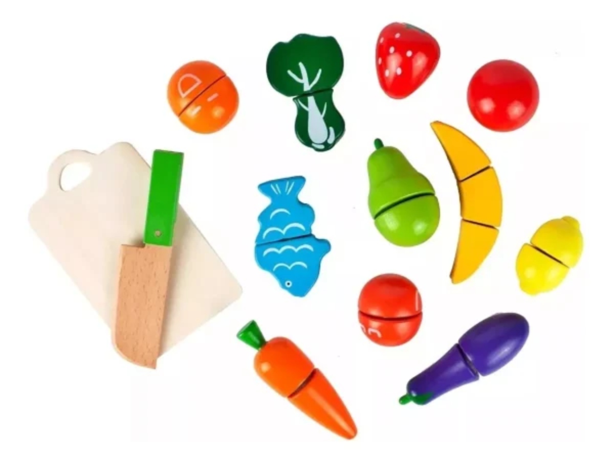 BALDE MULTICOLOR CON FRUTAS Y VERDURAS CORTAR JUGUETE MADERA MONTESSORI - 1