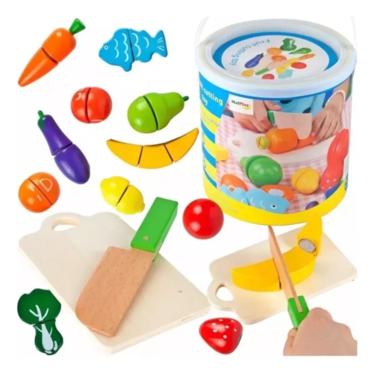 BALDE MULTICOLOR CON FRUTAS Y VERDURAS CORTAR JUGUETE MADERA MONTESSORI - 2