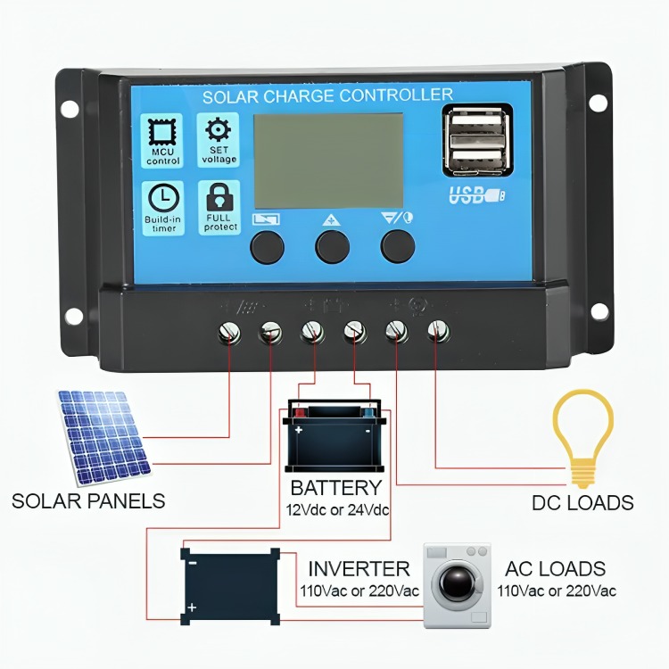 REGULADOR DE CARGA SOLAR DIGITAL 12V 24V 60A 2USB - 4