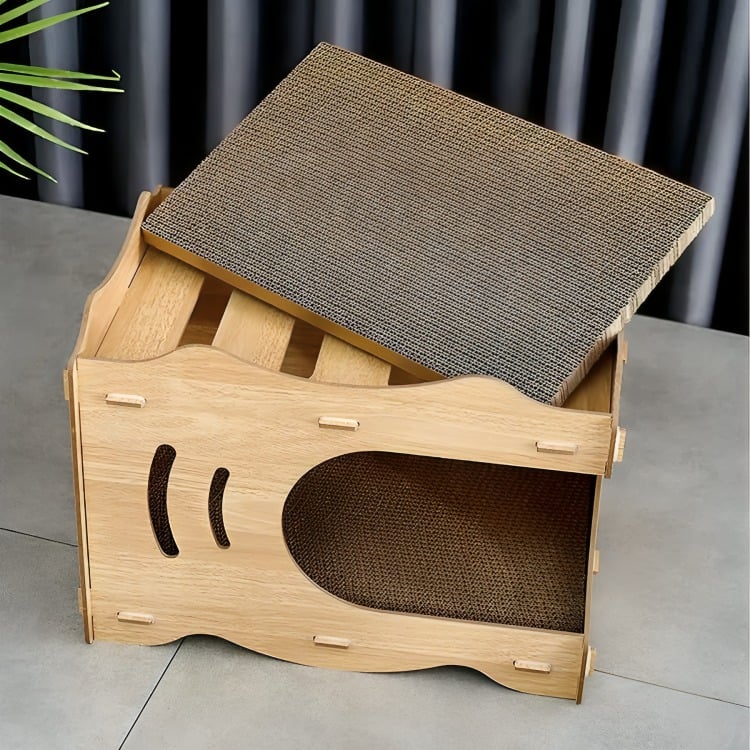 CAMA CASA DE MADERA PARA GATOS CON RASCADOR INTERNO - 2