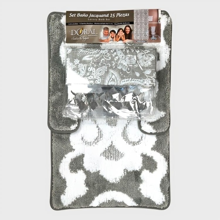 SET DE BAÑO 15PCS JACQUARD / FLORES GRIS EN COLOR BLANCO – DORAL - 1