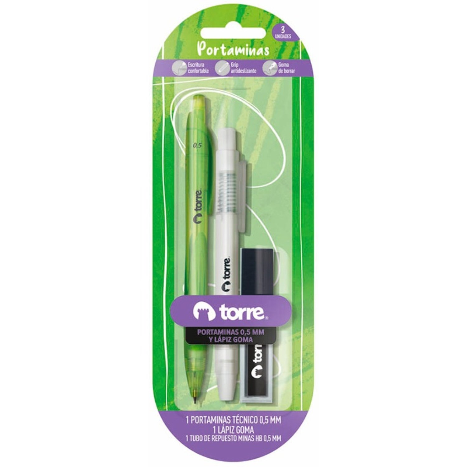 PORTAMINAS PLASTICO + MINAS 0.5 MM + LAPIZ GOMA – TORRE - 2