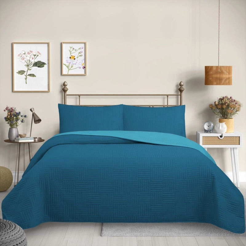 CUBRECAMA QUILT REVERSIBLE 1,5 PLAZAS COLOR TURQUESA TRAMA COLLECTION - 2