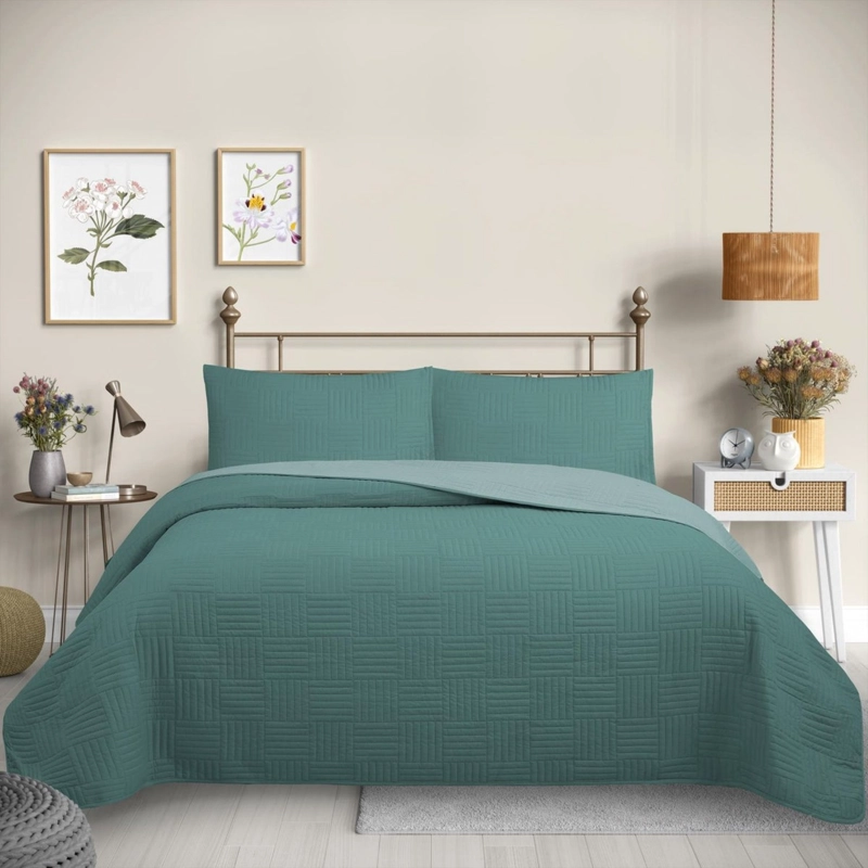 CUBRECAMA QUILT REVERSIBLE 1,5 PLAZAS COLOR VERDE TRAMA COLLECTION - 1