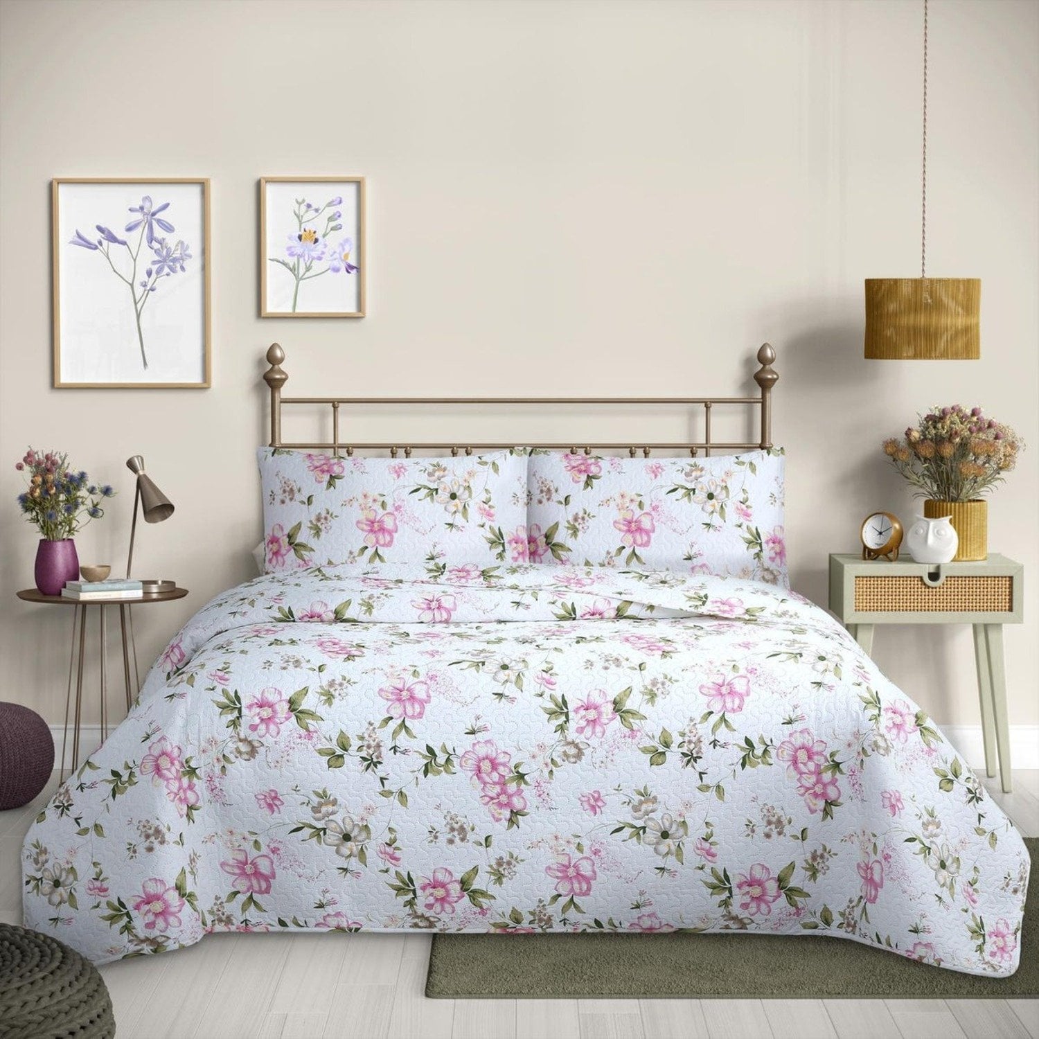 CUBRECAMA QUILT REVERSIBLE 1,5 PLAZAS ESTAMPADO ROSA FLOWERS COLLECTION MARTINE - 1