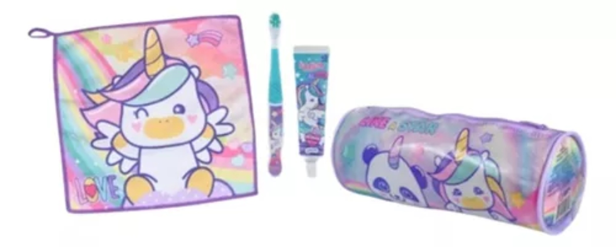 SET PASTA DE DIENTES CEPILLO TOALLA ESTUCHE UNICORNIO - 1