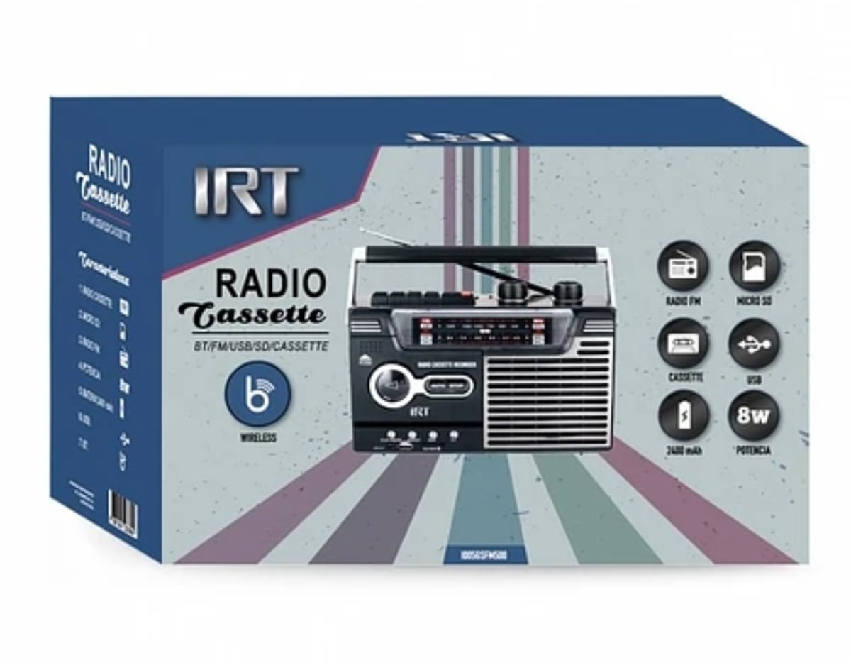 RADIO CASSETTE RECARGABLE INALÁMBRICA FM/USB/BT IRT - 2