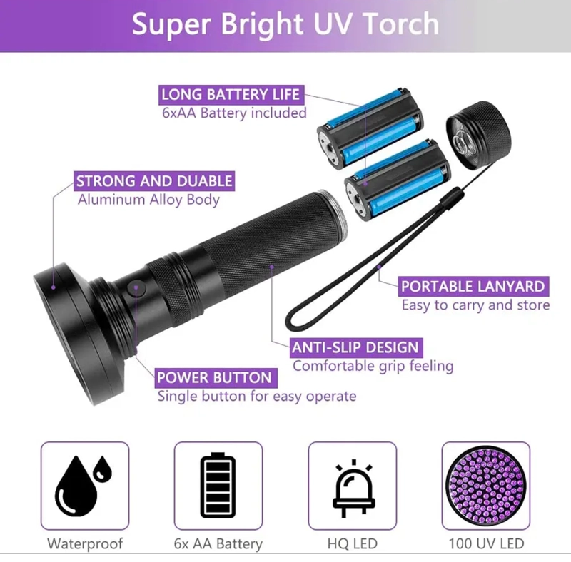 LINTERNA ULTRAVIOLETA 100 LED UV USA PILAS MÚLTIPLES USOS - 3