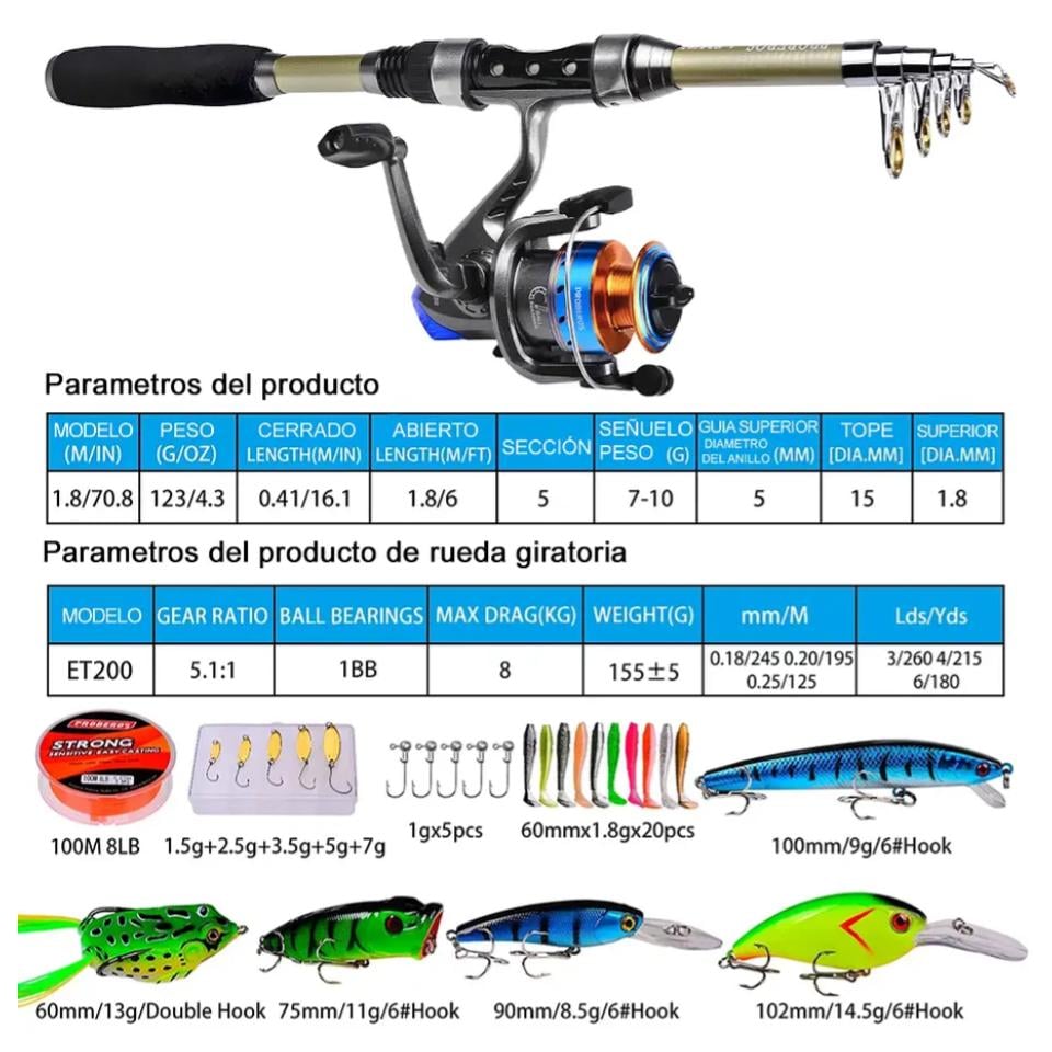 KIT PESCA 1.8M CAÑA CARRETE SEÑUELO ACCESORIO BOLSA COMPLETO - 2
