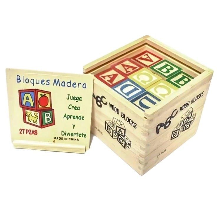 CUBO DE MADERA 27 PIEZAS JUGUETE DIDACTICO LETRAS Y NUMERO - 1