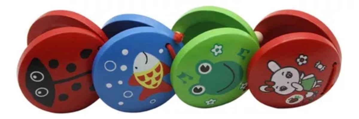 SET 2 JUGUETE MUSICAL DE CASTAÑUELAS DE MADERA CON DIBUJOS ANIMADO - 1