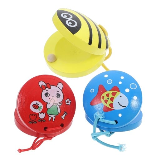 SET 2 JUGUETE MUSICAL DE CASTAÑUELAS DE MADERA CON DIBUJOS ANIMADO - 4