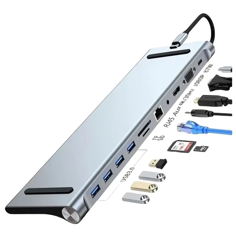 ADAPTADOR HUB 11 EN 1 USB TIPO C USB-C HDMI VGA USB LAN SD - 2